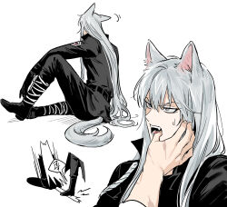 Rule 34 | 2boys, animal ears, arm on knee, arm rest, belt, black belt, black footwear, black gloves, black jacket, boots, collared jacket, commentary request, ear wiggle, fangs, finger in another&#039;s mouth, from behind, from side, full body, gloves, grey eyes, highres, jacket, katekyo hitman reborn!, knee up, korean commentary, light frown, long hair, looking at another, male focus, motion lines, mra bong, multiple boys, multiple views, nervous, on floor, open mouth, portrait, scar, scar on arm, scar on hand, simple background, sitting, solo focus, superbi squalo, sweatdrop, tail, teeth, white hair, wolf boy, wolf ears, wolf tail, xanxus