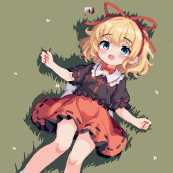 Rule 34 | 1girl, 999 (hansode), black shirt, blonde hair, blue eyes, blush, commentary, grass, hair ribbon, looking at viewer, lying, medicine melancholy, on back, open mouth, outdoors, pixel art, red ribbon, red skirt, ribbon, ribbon-trimmed skirt, ribbon trim, shirt, short hair, short sleeves, skirt, solo, touhou
