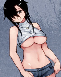Rule 34 | 1girl, aoshima, bare arms, bare shoulders, black hair, breasts, crop top, female focus, grey eyes, hair over one eye, halterneck, halterneck, highres, jewelry, large breasts, midriff, navel, necklace, no bra, original, parted lips, short hair with long locks, short shorts, shorts, solo, stomach, underboob