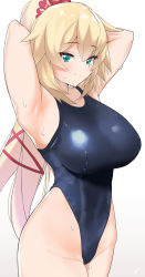 Rule 34 | 1girl, akai haato, armpits, arms behind head, blonde hair, blue one-piece swimsuit, breasts, c@rbon, closed mouth, competition swimsuit, gradient background, green eyes, grey background, highres, hololive, large breasts, long hair, looking at viewer, one-piece swimsuit, ponytail, smile, solo, sweat, swimsuit, virtual youtuber, white background