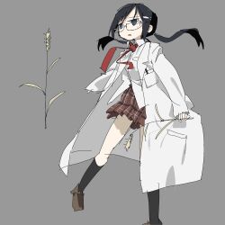 Rule 34 | 1girl, black eyes, black hair, black socks, breast pocket, brown footwear, coat, collared shirt, feet out of frame, fish hair ornament, glasses, grey background, hair ornament, hairpin, highres, holding, holding plant, lab coat, long hair, long sleeves, necktie, open mouth, plaid, plaid skirt, plant, pocket, red necktie, red skirt, shimeji simulation, shirt, shoes, simple background, skirt, socks, solo, tsukumizu yuu, tsukishima shijima&#039;s sister, twintails, untucked shirt, white coat, white shirt