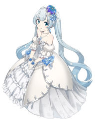 Rule 34 | 1girl, agonasubi, bare shoulders, blue eyes, blue flower, blue hair, blue rose, borrowed design, commentary, crown, detached sleeves, dress, flower, from above, gloves, hair flower, hair ornament, hands on lap, hatsune miku, hoop skirt, jewelry, layered dress, light blue hair, long hair, looking to the side, necklace, own hands together, pearl necklace, princess, puffy detached sleeves, puffy sleeves, rose, silver trim, smile, snowflake necklace, snowflake print, solo, twintails, very long hair, vocaloid, white background, white dress, white gloves, white sleeves, yuki miku, yuki miku (2019) (candidate no.5)
