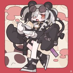 Rule 34 | 1girl, animal ears, arknights, black dress, black footwear, black hair, black jacket, blush stickers, bowl, breasts, cleavage, cleavage cutout, clothing cutout, commentary, dress, dumpling, eyewear on head, feater (arknights), food, grey hair, highres, holding, holding bowl, jacket, kdmr0402, long sleeves, looking at viewer, mechanical arms, multicolored hair, open mouth, orange eyes, panda, panda ears, panda girl, red background, shoes, signature, simple background, sneakers, solo, sunglasses, tinted eyewear, twintails, two-tone hair