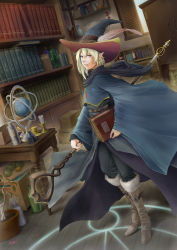 Rule 34 | 1boy, androgynous, aritani mahoro, blonde hair, blue eyes, book, boots, bottle, candle, candlestand, commentary, elf, fantasy, fur trim, globe, hat, hat feather, holding, holding staff, magic circle, male focus, original, pointy ears, robe, solo, staff, wide sleeves, witch hat