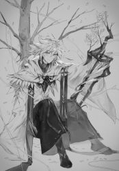 Rule 34 | 1boy, boots, capelet, closed mouth, fate/stay night, fate (series), greyscale, hair between eyes, hxxg, knees up, looking at viewer, male focus, merlin (fate/stay night), monochrome, outdoors, petals, robe, sitting, smile, solo, staff, tree