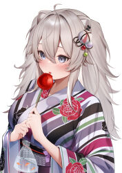 Rule 34 | 1girl, absurdres, ahoge, animal ears, bag, bagged fish, blush, breasts, candy apple, double-parted bangs, ear piercing, fish, floral print, floral print kimono, food, grey eyes, grey hair, hair between eyes, hair ornament, highres, hololive, japanese clothes, kanzashi, kimono, large breasts, licking, licking candy apple, lion ears, long hair, messy hair, parted hair, piercing, shishiro botan, sidelocks, sido (ama r007), simple background, solo, two side up, upper body, virtual youtuber, white background, wide sleeves, yukata