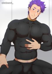 Rule 34 | 1boy, abs, bara, bulge, fate/grand order, fate (series), kakenari, knights of the round table (fate), lancelot (fate/grand order), large pectorals, male focus, midriff peek, muscular, nipples, paid reward available, pectorals, purple eyes, purple hair, shiny skin, short hair, skin tight, smile, solo, thick thighs, thighs, tight clothes, twitter username, upper body