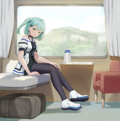Rule 34 | 1girl, absurdres, blush, green eyes, green hair, highres, looking at viewer, medium hair, pantyhose, parted lips, shoes, side ponytail, sitting