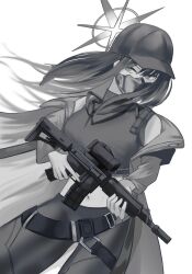 Rule 34 | 1girl, absurdres, bare shoulders, baseball cap, belt, blue archive, breasts, coat, commentary request, cowboy shot, crop top, greyscale, gun, hat, highres, holding, holding gun, holding weapon, ikecchi (hayato moon), large breasts, leggings, long hair, long sleeves, looking at viewer, mask, midriff, monochrome, mouth mask, navel, off shoulder, open clothes, open coat, pants, rifle, saori (blue archive), shirt, simple background, sleeveless, sleeveless shirt, solo, standing, stomach, very long hair, weapon, white background