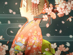 Rule 34 | 1girl, blurry, branch, brown hair, cherry blossom print, cherry blossoms, commentary, depth of field, eyelashes, falling petals, floral print, flower, from side, grey background, grey eyes, hair flower, hair ornament, highres, japanese clothes, kimono, looking ahead, motion blur, multicolored sash, obi, obijime, original, petals, pink kimono, print kimono, profile, recon, sash, solo, yellow sash