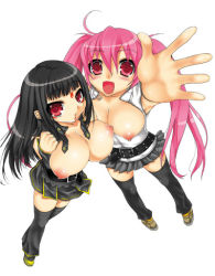 Rule 34 | 2girls, bad id, bad pixiv id, beatmania, beatmania iidx, berry lollipop, black hair, breasts, breasts squeezed together, hinazuki ririna, huge breasts, long hair, multiple girls, nipples, open clothes, open shirt, pink hair, red eyes, shirt, takanashi china, thighhighs, twintails