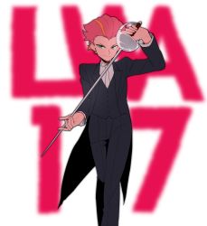 Rule 34 | &gt;:), 10s, 1girl, 320 (romsen), absurdres, amanda o&#039;neill, bad id, bad pixiv id, coattails, crossdressing, formal, green eyes, highres, little witch academia, multicolored hair, orange hair, rapier, red hair, solo, suit, sword, two-tone hair, v-shaped eyebrows, weapon, white background