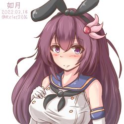 Rule 34 | 1girl, alternate costume, black hairband, black neckerchief, blue sash, blush, breasts, brown hair, cosplay, crop top, dated, elbow gloves, gloves, hair between eyes, hair ornament, hairband, hand on own chest, highres, kantai collection, kisaragi (kancolle), long hair, looking at viewer, medium breasts, neckerchief, one-hour drawing challenge, purple eyes, riretsuto, sailor collar, sash, shimakaze (kancolle), shimakaze (kancolle) (cosplay), simple background, white background, white gloves