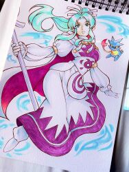 Rule 34 | 1girl, aqua hair, cape, commentary, dress, emily botta, english commentary, full body, gloves, golden sun, green eyes, high ponytail, highres, holding, holding staff, long dress, long hair, mia (golden sun), parted lips, photo (medium), puffy sleeves, purple cape, purple dress, sleeves past wrists, staff, traditional media, two-sided cape, two-sided fabric, two-tone cape, two-tone dress, white background, white cape, white dress, white gloves