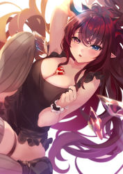 Rule 34 | 1girl, armpits, arms behind back, arms up, blouse, blush, boots, breasts, candy, chocolate, chocolate heart, cleavage, clothes lift, crystal, demon girl, demon horns, detached wings, food, hair between eyes, heart, heterochromia, highres, hololive, hololive english, horns, irys (hololive), large breasts, long hair, looking at viewer, mini wings, miniskirt, multiple horns, open mouth, pointy ears, pondel, shirt, signature, simple background, skirt, skirt lift, socks, solo, thighhighs, thighs, tight clothes, very long hair, virtual youtuber, wings, wristband