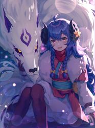 Rule 34 | 1girl, absurdres, ahoge, alternate hair color, alternate hairstyle, body fur, braid, curled horns, flower, fur (clothing), hair between eyes, hair flower, hair ornament, highres, horns, kindred (league of legends), lamb (league of legends), league of legends, long hair, official alternate costume, official alternate hairstyle, open mouth, pantyhose, purple hair, sarika, side braid, spirit blossom kindred, white fur, wolf (league of legends)
