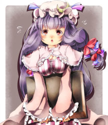 Rule 34 | 1girl, blush, book, bow, breasts, cleavage, commentary request, crescent, female focus, gradient background, hair bow, hat, large breasts, long hair, open mouth, patchouli knowledge, purple hair, red eyes, solo, sugiyuu, sweatdrop, touhou, very long hair