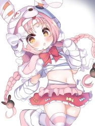 Rule 34 | 1girl, animal ears, animal hat, bad id, bad pixiv id, bandaged hand, bandages, blush, boots, bow, braid, brown eyes, button eyes, buttons, capelet, fake animal ears, frilled skirt, frills, fur-trimmed boots, fur-trimmed capelet, fur trim, hair bow, hair ornament, hat, long hair, looking at viewer, low twintails, mimi (halloween) (princess connect!), mimi (princess connect!), navel, parted lips, pink capelet, pink footwear, pink hair, princess connect!, rabbit ears, rabbit hair ornament, rabbit hat, red bow, red skirt, simple background, skirt, solo, standing, standing on one leg, striped clothes, striped thighhighs, thighhighs, twin braids, twintails, very long hair, white background, white bow, yinpa (wanone500511)