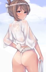 Rule 34 | 1girl, absurdres, ass, blush, brown hair, closed mouth, cowboy shot, embarrassed, folded ponytail, from behind, fundoshi, headband, highres, holding, holding towel, japanese clothes, looking at viewer, looking back, love live!, love live! sunshine!!, nasuno (nasuno42), purple eyes, solo, tan, tanline, towel, watanabe you, wet, wet clothes
