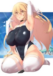 Rule 34 | + +, 1girl, 2021, 20s, alternate body size, alternate breast size, arm up, armpits, aster crowley, bag, bare shoulders, beach, black one-piece swimsuit, blonde hair, blue sky, blush, breasts, brown eyes, closed mouth, cloud, cloudy sky, competition swimsuit, cosplay, covered erect nipples, covered navel, curvy, day, elbow gloves, full body, gloves, hair between eyes, hand up, handbag, high ponytail, highleg, highleg swimsuit, highres, hip focus, huge breasts, jacket, kneeling, large breasts, light blush, lips, long hair, looking at viewer, matching hair/eyes, multicolored eyes, ocean, one-piece swimsuit, open clothes, open jacket, outdoors, plump, school swimsuit, shokuhou misaki, shore, sitting, sky, smile, solo, sparkle, sparkling eyes, star-shaped pupils, star (symbol), swimsuit, symbol-shaped pupils, thick thighs, thighhighs, thighs, toaru kagaku no railgun, toaru majutsu no index, toaru majutsu no index gaiden: toaru kagaku no mental out, tokiwadai school swimsuit, very long hair, water, whistle, whistle around neck, white gloves, white thighhighs, wide hips, yellow eyes