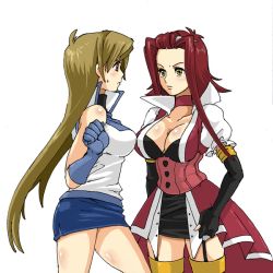 Rule 34 | 00s, 2girls, bad id, bad pixiv id, blonde hair, breasts, brown hair, choker, cleavage, crossover, duel academy uniform (yu-gi-oh! gx), elbow gloves, eye contact, gloves, izayoi aki, kinkan, large breasts, looking at another, miniskirt, multiple girls, obelisk blue uniform, pencil skirt, pink hair, red hair, skirt, tenjouin asuka, thighhighs, yellow eyes, yu-gi-oh!, yu-gi-oh! 5d&#039;s, yu-gi-oh! gx