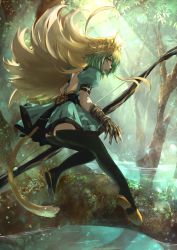 Rule 34 | 1girl, animal ears, atalanta (fate), backless dress, backless outfit, black panties, blade, blonde hair, bow (weapon), cat ears, cat tail, day, dress, fate/apocrypha, fate (series), forest, full body, gauntlets, green dress, green eyes, green hair, highres, holding, holding bow (weapon), holding weapon, kaze minoru so-ru, looking back, multicolored hair, nature, open mouth, outdoors, panties, pixiv fate/grand order contest 2, short dress, solo, tail, tree, two-tone hair, underwear, weapon