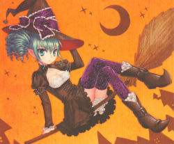Rule 34 | 1girl, asaki yuzuno, boots, breasts, broom, broom riding, brown dress, brown footwear, cleavage, crescent moon, crossed legs, dress, drill hair, frilled dress, frills, full body, green eyes, green hair, hand on headwear, hat, hat ribbon, highres, juliet sleeves, long sleeves, looking at viewer, matching hair/eyes, medium breasts, moon, pointy ears, pointy footwear, print thighhighs, puffy sleeves, purple thighhighs, ribbon, scan, shoes, sidesaddle, sitting, solo, star (symbol), thighhighs, witch, witch hat, yuzuno asaki