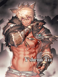 Rule 34 | 1girl, abs, absurdres, animal ears, warrior of light (ff14), bare pectorals, blonde hair, blood, blood from mouth, blood on face, blood splatter, cat boy, cat ears, character name, chest tattoo, commission, cropped jacket, detached sleeves, eboda-x, facial mark, fangs, fictional persona, final fantasy, final fantasy xiv, fingerless gloves, fingernails, fur trim, gloves, grin, hair between eyes, highres, injury, jewelry, lips, male focus, miqo&#039;te, monk (final fantasy), navel, nipples, parted bangs, pectorals, pixiv commission, red eyes, ribs, short hair, short sleeves, slit pupils, smile, solo, stomach, stomach tattoo, sweat, tattoo, toned, toned male, torn clothes, wind