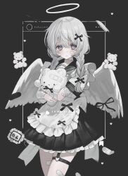 Rule 34 | 1girl, angel wings, apron, bandaged arm, bandages, bandaid, bandaid on leg, black background, black bow, black sailor collar, bow, character name, closed mouth, commission, gauze, hair bow, hakushima, halo, heart, highres, holding, holding stuffed toy, knife, looking at viewer, original, sailor collar, self-harm, short sleeves, skeb commission, solo, stuffed toy, tears, thigh strap, white apron, white background, white bow, white eyes, white wings, wings, youichi (45 01)