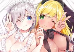 Rule 34 | 2girls, black ribbon, blonde hair, blue eyes, breasts, cleavage, commentary request, face, frown, green eyes, grey hair, hair between eyes, hair ornament, highres, holding hands, large breasts, long hair, looking at viewer, maid headdress, multiple girls, original, ribbon, rouka (akatyann), smile, v, white ribbon