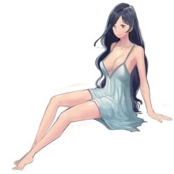 Rule 34 | 1girl, bad id, bad pixiv id, bare shoulders, barefoot, black hair, breasts, brown eyes, cleavage, female focus, full body, hidezi, large breasts, long hair, nightgown, simple background, sitting, solo, very long hair, white background