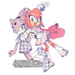 Rule 34 | 2girls, amy rose, animal ears, animal nose, arm behind back, arm up, artist name, bag, blaze the cat, blush, blush stickers, body fur, bow, bowtie, cat ears, cat girl, clenched hand, collared shirt, dutch angle, english text, female focus, flat chest, forehead jewel, full body, furry, furry female, gem, gloves, green eyes, hair tie, happy, kneehighs, knees together feet apart, leg up, leg warmers, looking at viewer, miniskirt, multicolored hair, multiple girls, open clothes, open mouth, open shirt, pink bow, pink bowtie, pink footwear, pink fur, pink hair, pink skirt, plaid, plaid bow, plaid footwear, plaid shorts, plaid skirt, pleated skirt, purple footwear, purple fur, purple hair, purple shorts, red gemstone, school uniform, shirt, shirt tucked in, shoes, short hair, short shorts, short sleeves, shorts, shoulder bag, sidelocks, simple background, skirt, smile, socks, sonic (series), standing, standing on one leg, sucho, topknot, twitter username, two-tone fur, two-tone hair, undershirt, unmoving pattern, white background, white fur, white gloves, white legwear, white shirt, wide-eyed