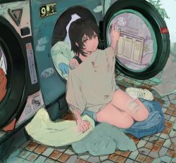 Rule 34 | 1girl, bandaid, bandaid on face, bandaid on forehead, black hair, blood, blood on clothes, blood on face, blue shorts, brown eyes, buchi (qooo003), full body, grey shirt, highres, laundromat, looking at viewer, original, shirt, short hair, shorts, sitting, solo, tile floor, tiles