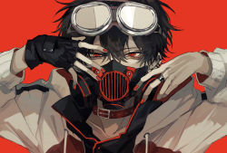 Rule 34 | 1boy, black hair, choker, gas mask, gloves, goggles, goggles on head, highres, jacket, jewelry, kuroume (aihikarikuroume24), long sleeves, looking at viewer, mask, nail polish, original, red background, red eyes, red nails, ring, short hair, solo, white jacket