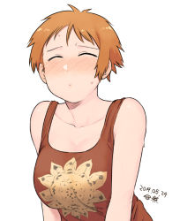 Rule 34 | 1girl, blush, breasts, cleavage, collarbone, dated, closed eyes, facing viewer, incoming kiss, large breasts, orange hair, original, pov, puckered lips, short hair, signature, solo, sweat, tank top, tsukudani (coke-buta), tsurime-chan, white background