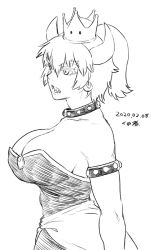 Rule 34 | 1girl, armlet, bowsette, bracelet, breasts, cleavage, collar, crown, dress, greyscale, horns, jewelry, mario (series), monochrome, new super mario bros. u deluxe, nintendo, ponytail, sharp teeth, simple background, solo, spiked bracelet, spiked collar, spikes, super crown, teeth, tsukudani (coke-buta), white background