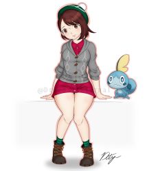 Rule 34 | 1girl, ankle socks, bad id, bad twitter id, bare legs, beret, blush, boots, breasts, brown eyes, brown hair, cardigan, clothes, creatures (company), draconety, dress, game freak, gen 8 pokemon, gloria (pokemon), grey cardigan, hat, highres, knees together feet apart, lips, looking at viewer, nintendo, pokemon, pokemon (creature), pokemon swsh, short hair, signature, simple background, sitting, small breasts, smile, sobble, socks, sweater, swept bangs, tam o&#039; shanter, thick thighs, thighs, watermark, white background