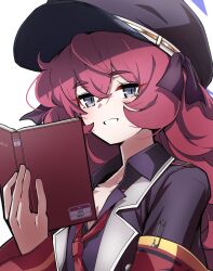 Rule 34 | 1girl, black hat, black shirt, blue archive, book, grey eyes, hair between eyes, halo, hat, highres, holding, holding book, iroha (blue archive), kirigakure (iroiro tsukauyo), long hair, long sleeves, looking at viewer, necktie, red hair, red necktie, shirt, simple background, solo, upper body, white background