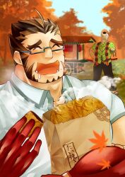 Rule 34 | 2boys, ^ ^, autumn leaves, bara, blush, closed eyes, collared shirt, drooling, eating, food, food request, forked eyebrows, furrowed brow, glasses, happy, hogen (housamo), itaru (kidomh63), long sideburns, male focus, mature male, multiple boys, muscular, muscular male, mutton chops, official alternate costume, perspective, shirt, short hair, sideburns, steam, tajikarao (housamo), tokyo houkago summoners, tusks, upper body