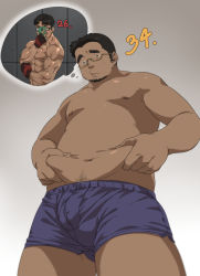 Rule 34 | absurdres, age progression, bara, beard, belly, belly grab, black eyes, black hair, blue male underwear, character age, clip studio paint (medium), covering face, dark-skinned male, dark skin, facial hair, fat, fat man, fingerless gloves, glasses, glimo, gloves, highres, holding, holding phone, male focus, male underwear, muscular, muscular male, navel, nipples, no bangs, original, phone, shiny skin, sideburns, thick eyebrows, underwear, weight conscious