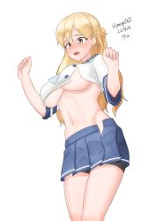 Rule 34 | 1girl, absurdres, bike shorts, black shorts, blonde hair, blue skirt, braid, breasts, brown eyes, buttons, cosplay, cowboy shot, double-breasted, etorofu (kancolle), etorofu (kancolle) (cosplay), french braid, highres, kantai collection, large breasts, long hair, maru (marg0613), one-hour drawing challenge, pleated skirt, shirt, shorts, shorts under skirt, simple background, skirt, solo, torn clothes, undersized clothes, wavy hair, white background, white shirt, zara (kancolle)