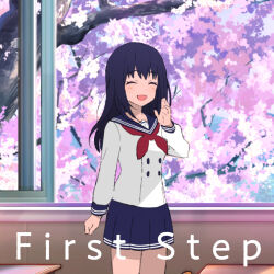 Rule 34 | 1girl, :d, absurdres, album cover, arm at side, black hair, blue sailor collar, blue skirt, blush, breasts, buttons, cherry blossoms, classroom, closed eyes, cover, cowboy shot, desk, double-breasted, facing ahead, hand up, highres, hoshimi private high school uniform, idoly pride, indoors, legs together, long bangs, long hair, long sleeves, medium breasts, miniskirt, nagase mana, neckerchief, official art, open hand, open mouth, open window, pleated skirt, red neckerchief, sailor collar, school uniform, serafuku, shirt, skirt, smile, solo, straight hair, thighs, tree, white shirt, window