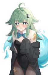 Rule 34 | 1girl, absurdres, ahoge, alternate costume, animal ears, bare shoulders, black coat, black leotard, black pantyhose, blue bow, blue bowtie, blush, bow, bowtie, breasts, coat, commentary, covered navel, cowboy shot, crying, crying with eyes open, detached collar, fiery tail, fox ears, fox girl, fox tail, green eyes, green hair, hair intakes, hand up, highres, honkai: star rail, honkai (series), huohuo (honkai: star rail), leotard, looking at viewer, off shoulder, open mouth, pantyhose, paper doll, paw-shaped pupils, simple background, sleeves past wrists, ssalgolae, symbol-only commentary, symbol-shaped pupils, tail, tail (honkai: star rail), talisman, tears, white background, yin yang hair ornament