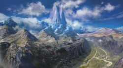 Rule 34 | artist request, blue sky, cloud, company name, copyright name, copyright notice, day, final fantasy, final fantasy xiv, from above, highres, landscape, mountain, mountainous horizon, no humans, official art, outdoors, road, rock, scenery, sky, village