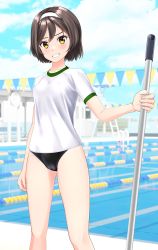 Rule 34 | 1girl, absurdres, black hair, black one-piece swimsuit, blue sky, cameltoe, cloud, commentary request, competition school swimsuit, cowboy shot, day, fantia commission, feet out of frame, grin, gym shirt, hairband, highres, kantai collection, lane line, looking at viewer, mop, one-piece swimsuit, outdoors, pool, school swimsuit, shirt, short hair, sky, smile, solo, string of flags, swimsuit, swimsuit under clothes, t-shirt, takafumi, tanikaze (kancolle), white hairband, yellow eyes