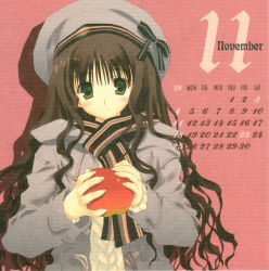 Rule 34 | 00s, 1girl, 2007, apple, calendar, food, fruit, hat, holding, holding food, holding fruit, mitsumi misato, original, scarf, solo, striped clothes, striped scarf, upper body, wavy hair