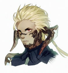 Rule 34 | 1boy, au ra, blonde hair, closed mouth, collar, dama (sindygao), final fantasy, final fantasy xiv, heterochromia, horns, long hair, looking at viewer, low ponytail, male focus, portrait, red eyes, simple background, solo, warrior of light (ff14), white background, yellow eyes