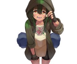 Rule 34 | 10s, 1girl, anoshiras ii, arm up, backpack, bag, bike shorts, black gloves, black hair, black shorts, braid, collarbone, commentary request, earbuds, earphones, fingerless gloves, gloves, green jacket, gridman universe, hair between eyes, hand on leg, hand on own thigh, highres, holding, holding earphones, hood, hood up, hooded jacket, jacket, leaning forward, long hair, looking at viewer, low twintails, open clothes, open jacket, open mouth, rangen, red eyes, short shorts, shorts, simple background, solo, ssss.gridman, treble clef, twin braids, twintails, white background