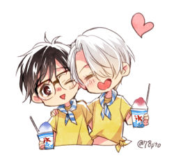 Rule 34 | 10s, 2boys, = =, bad id, bad pixiv id, black hair, brown eyes, chibi, food, glasses, hair over one eye, hand on another&#039;s shoulder, heart, katsuki yuuri, lowres, male focus, multiple boys, naho (pi988y), neckerchief, one eye closed, open mouth, shaved ice, silver hair, smile, viktor nikiforov, yuri!!! on ice