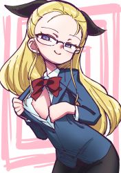 Rule 34 | 10s, 1girl, alternate costume, assam (girls und panzer), bespectacled, black ribbon, black skirt, blazer, blonde hair, blue eyes, blue jacket, bow, bowtie, breasts, closed mouth, commentary, dress shirt, eisu (eith), girls und panzer, glasses, hair pulled back, hair ribbon, highres, jacket, leaning forward, long hair, looking at viewer, nipples, open clothes, open jacket, open shirt, red bow, red bowtie, ribbon, shirt, skirt, small breasts, smile, solo, standing, upper body, white shirt